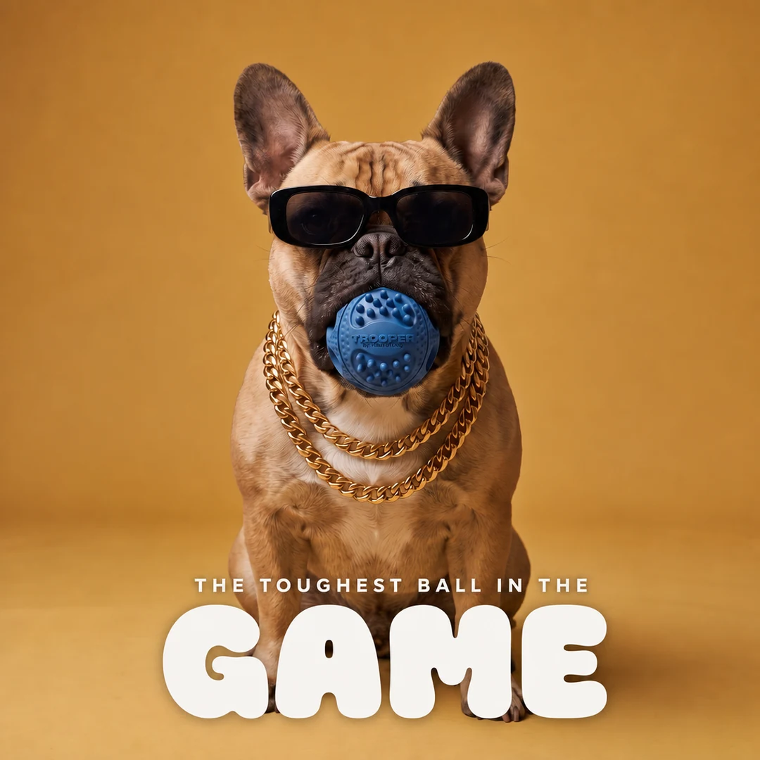 French bulldog in sunglasses and gold chains holding a blue Trooper ball: the toughest ball in the game
