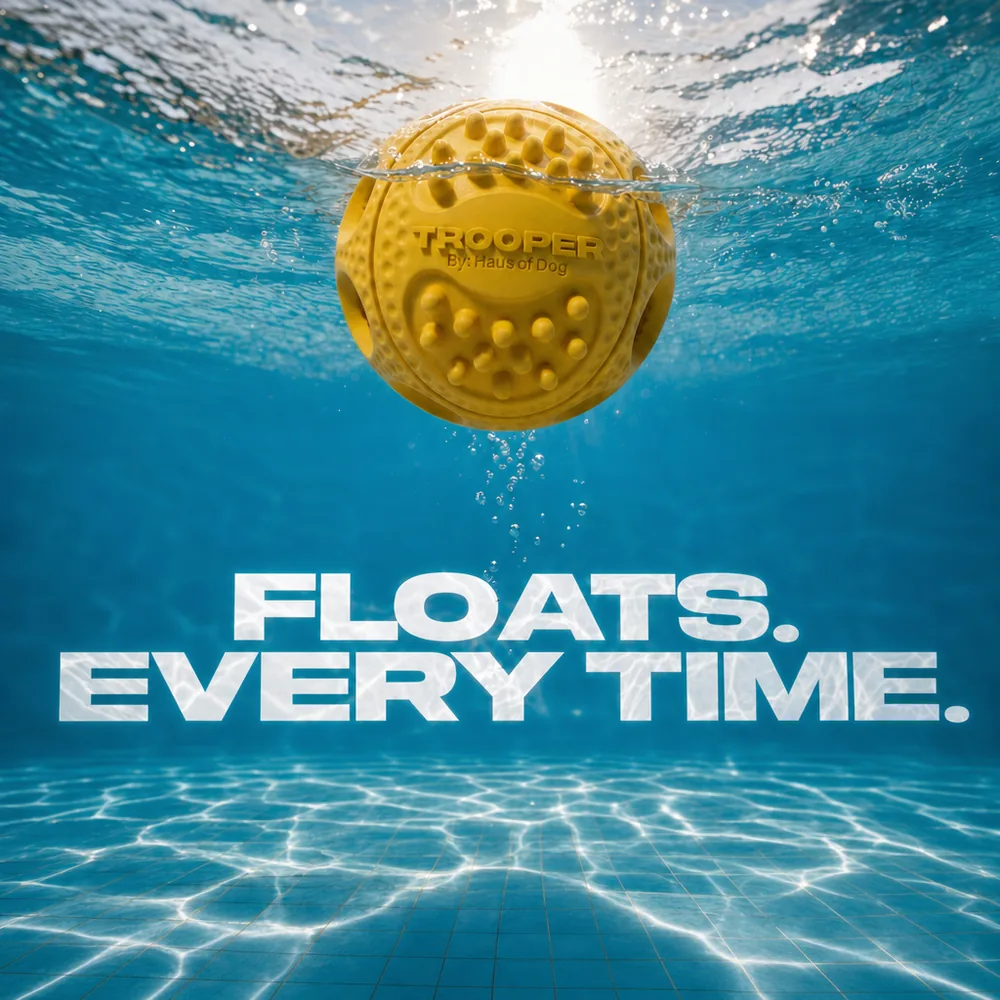 Yellow Trooper ball floating on a pool surface, shot from underwater