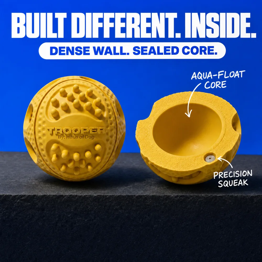Yellow Trooper ball cut in half showing the sealed float core and squeaker