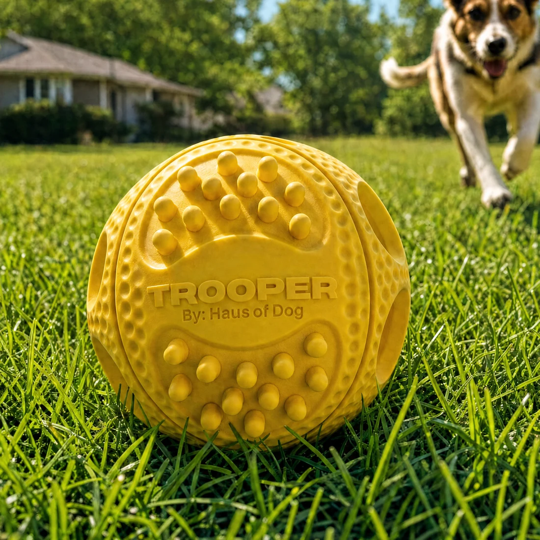 The Trooper ball in sunlit grass with a dog running in