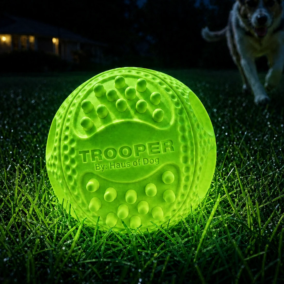 The Trooper ball glowing in wet grass at night with a dog running in